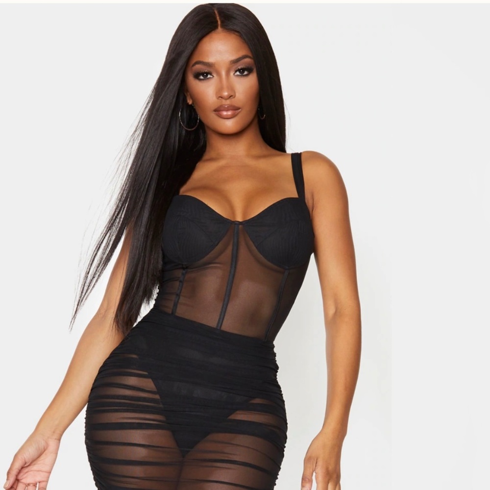 SHAPE BLACK MESH CUP DETAIL BINDING BODYCON DRESS